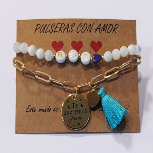 conjunto pulseras cadena dorada eslabones perlas te queremos mama cartulina