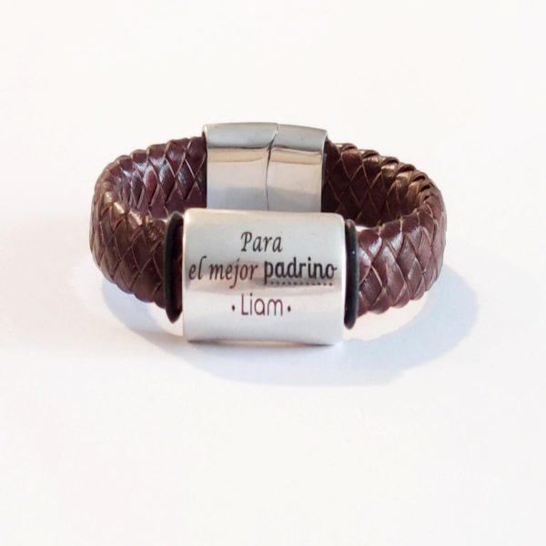 pulsera personalizada para padrino de cuero, zamak y acero para padrino de comuniÓn "para mi padrino"